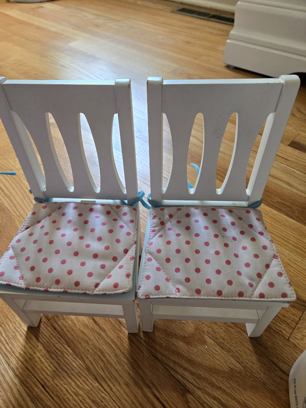 American Girl White Doll Chairs with Pink Polka Dot Cushions